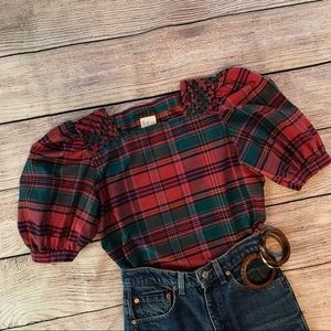 1970s plaid puff sleeve blouse